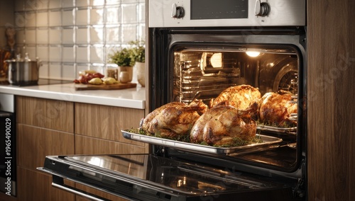 Oven-baked roast chickens on a baking tray, open oven door, kitchen setting