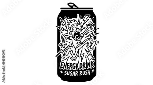 Minimalist Energy Drink Can with Hyperactive Cartoon Character Line Art, Monochrome Vector Illustration of Sugar Rush and Extreme Energy