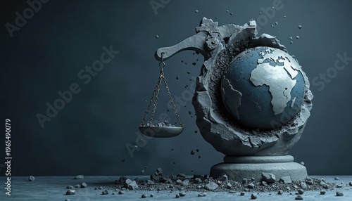 Symbolic scales weigh fragments against a breaking globe. Concrete crumbles, dust flies, representing global justice and law failure. World balance is unstable, showing fragility.