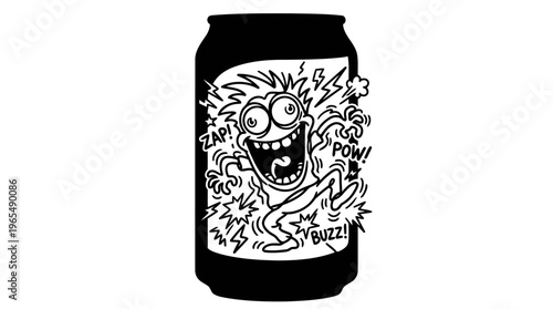 Minimalist Energy Drink Can with Hyperactive Cartoon Character Line Art, Monochrome Vector Illustration of Sugar Rush and Extreme Energy