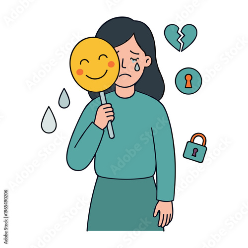 A woman holds a smiling mask covering her sad face with tears, surrounded by broken heart and lock symbols.