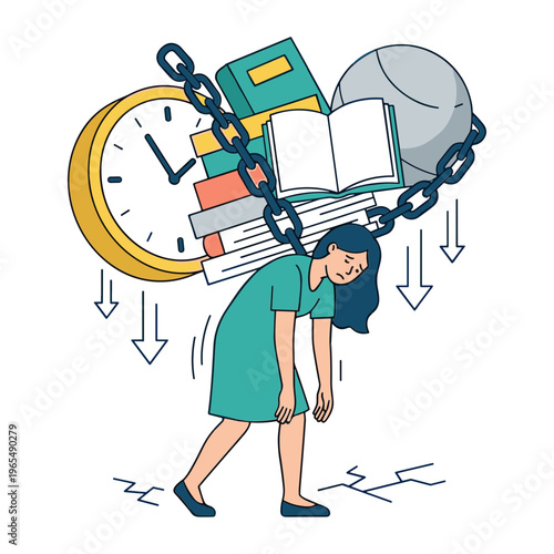 Overwhelmed woman carries heavy books clock chained to her body struggling
