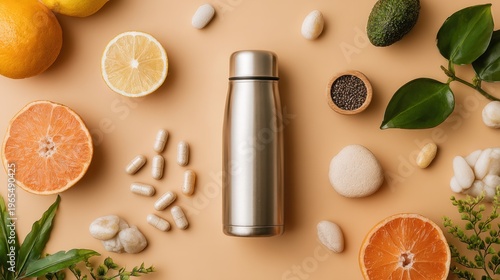 Wellness concept with supplements, fruits, and hydration bottle