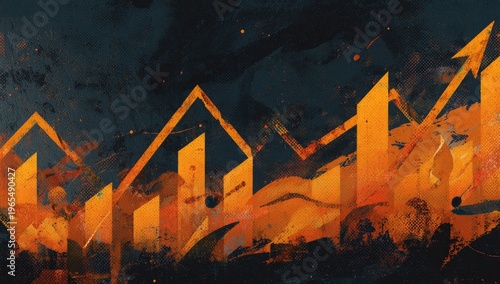 Artistic, abstract upward trend graphic in orange tones on a dark blue background