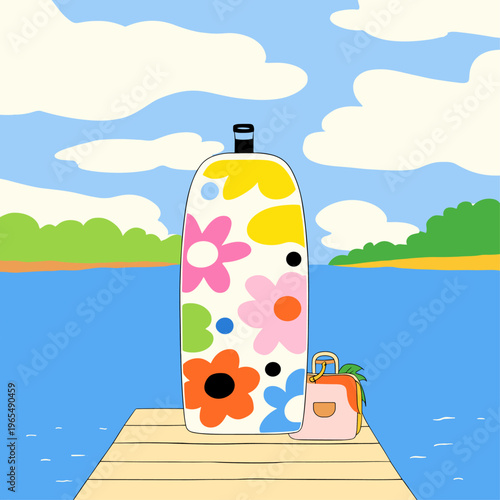 Folded Inflatable Paddleboard with Gear on a Dock