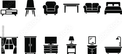 Furniture Silhouette Icon Set with Sofa Bed Table Chair Cabinet TV Bathroom Sink and Home Interior Elements for Modern House Design
