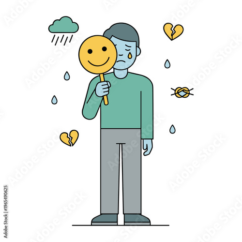 A man holds a smiley face mask in front of his crying face on a rainy day with hearts and a cloud.