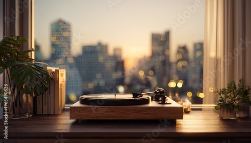 A turntable sits on a wood surface by a window with a blurred cityscape sunset view