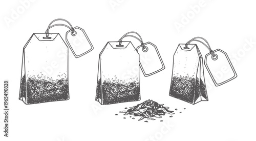 Three hand drawn tea bags with loose tea leaves and blank tags