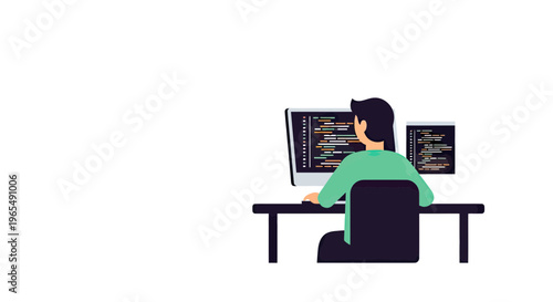 Software Developer or Programmer Coding on Computer at Office Desk Vector Illustration