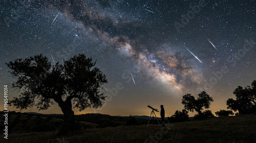 Person watches meteor shower and Milky Way with a telescope under a starry sky.