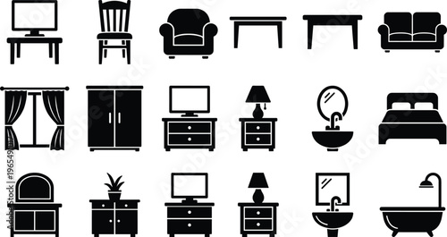 Furniture Silhouette Icon Set with Sofa Bed Table Chair Cabinet TV Bathroom Sink and Home Interior Household Elements for Modern Living Design