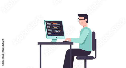 Professional male software developer working at computer desk coding program script, flat vector illustration