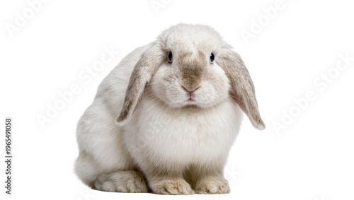 Isolated adorable creamy Holland Lop rabbit with blue eyes and soft fur looking at camera