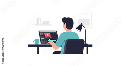 Man Editing Video on Laptop at Desk in Home Office Workspace Flat Vector Illustration