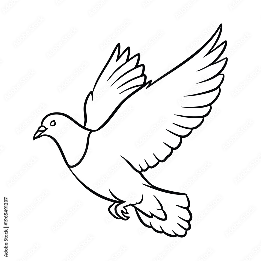Fototapeta premium A simple line art illustration of a dove with wings spread, flying gracefully in a monochrome style.