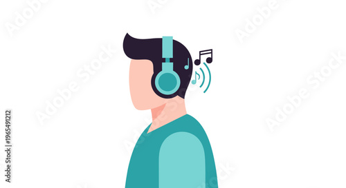 Young man listening to music with headphones, flat vector illustration of person in profile enjoying audio content