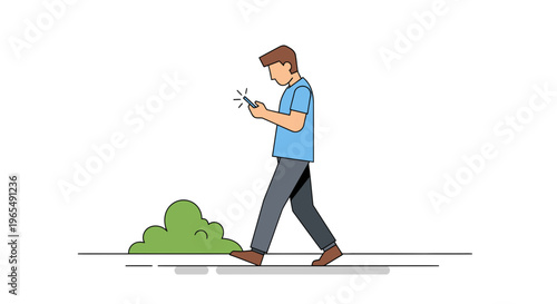 Man Walking Outdoors While Using a Smartphone, Character Illustration of Pedestrian Distracted by Mobile Device