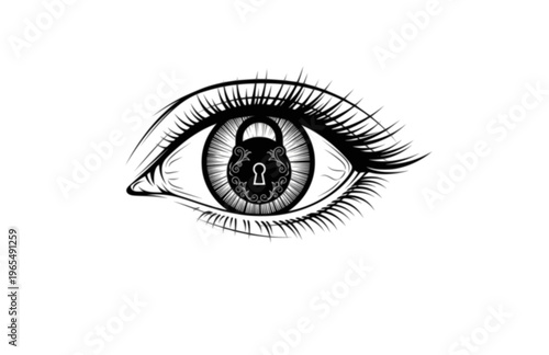 Surreal Eye with Ornate Padlock Silhouette Sticker, Alternative Vision and Mystery Vector, Minimalist Dark Art Illustration