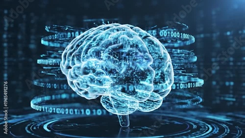 A glowing, transparent human brain model is surrounded by digital data streams and binary code, representing artificial intelligence and complex