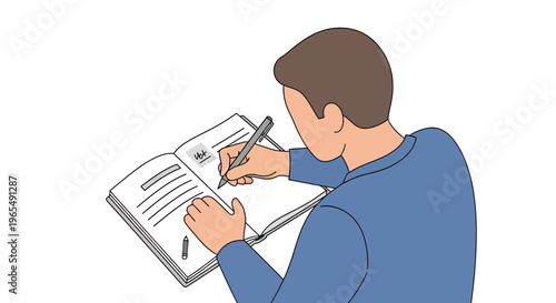 Over the Shoulder View of a Young Man Writing Notes in a Notebook or Personal Organizer Illustration