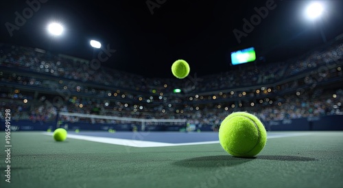A low-angle shot spotlights tennis balls in a stadium, with a blurred backdrop of spectators and lights