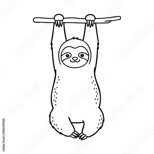 Black and white outline drawing of a cute cartoon sloth hanging upside down from a tree branch, smiling.