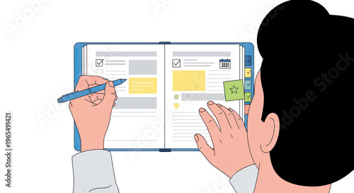 Person writing in a personal organizer or daily planner to manage tasks and schedule appointments for better time management and productivity.