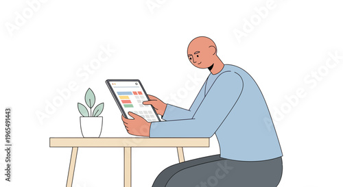 Man Using Digital Tablet for Task Management and Planning at Home Office Desk Flat Vector Illustration