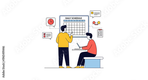 Collaborative Daily Schedule Planning with Two Men Managing Tasks and Time for Better Productivity Vector Illustration