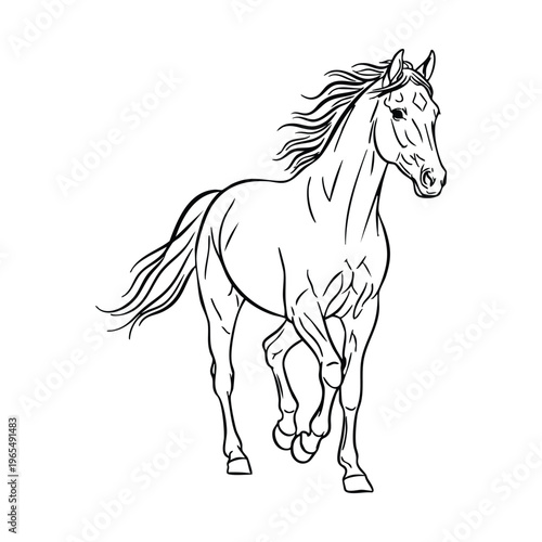 Elegant line art drawing of a majestic horse in motion, with flowing mane and tail, depicted in a dynamic trot or canter.