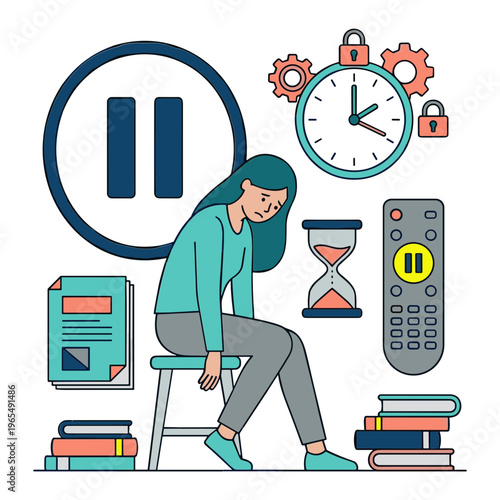 A woman pauses studying surrounded by books clock and controls