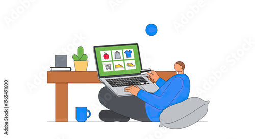 Online Shopping and E-commerce Concept Illustration with a Man Using a Laptop and Credit Card for Digital Payment at Home