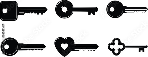 WebSet of black silhouette house key icons, vintage heart shaped key, antique skeleton keys, modern door lock security symbols, vector illustration.