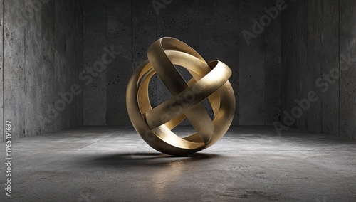 A gold-colored abstract sculpture is set against a concrete background, showing form & light