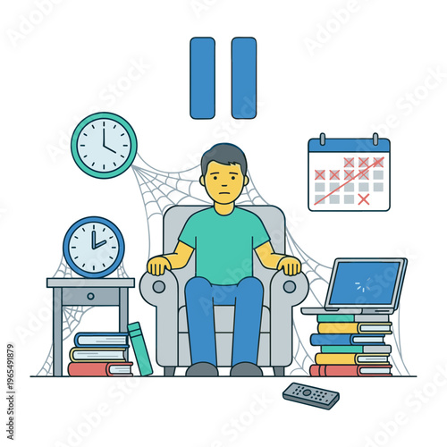 Man sits on sofa surrounded by clocks books calendar and laptop in disorganized room