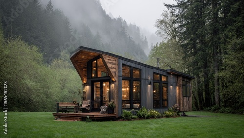 Rustic modern cabin in a forest with views