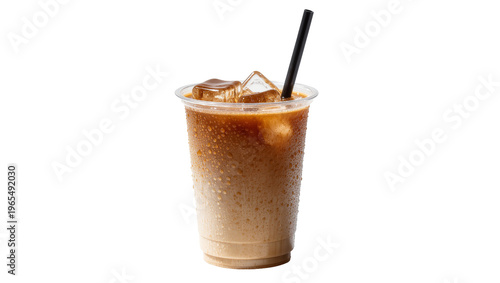 Quadro su tela Isolated Iced Coffee Drink in Plastic Cup with Ice Cubes and Straw on a Clean Ba