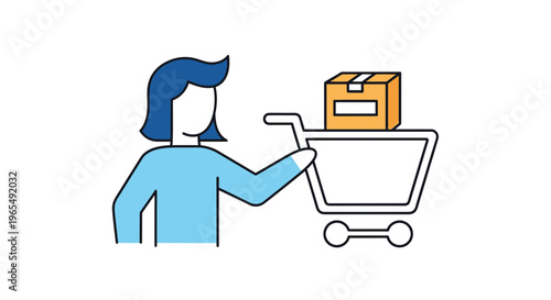 Woman pushing a shopping cart with a cardboard box package, e-commerce and delivery service concept vector illustration.