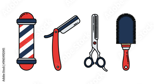 A set of four barber shop tools including a pole razor scissors and brush, Generative AI.