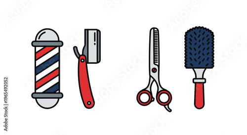 A set of colorful barber shop tools on a including a pole razor scissors and brush for hair cutting and styling, Generative AI.
