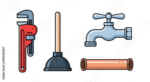 A set of plumbing tools and fixtures including a wrench plunger faucet and pipe, Generative AI.