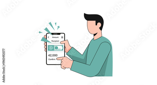 Man Confirming Online Money Transfer Using Mobile Banking App on Smartphone Vector Illustration