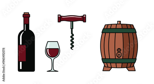 A colorful illustration of wine bottle glass corkscrew and barrel for beverage or alcohol concept, Generative AI.