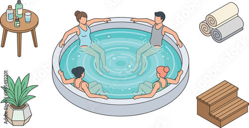 Group of People Relaxing in a Hydrotherapy Spa with Therapeutic Water Jets and Wellness Accessories