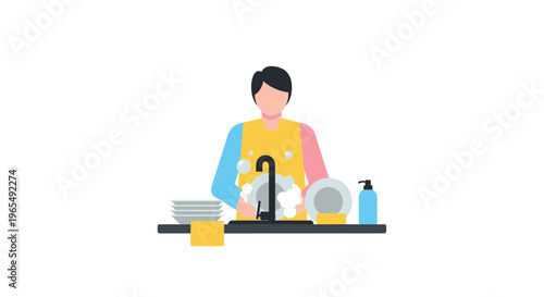 Man Wearing an Apron Washing Dishes at a Kitchen Sink, Vector Illustration of Domestic Housework Concept