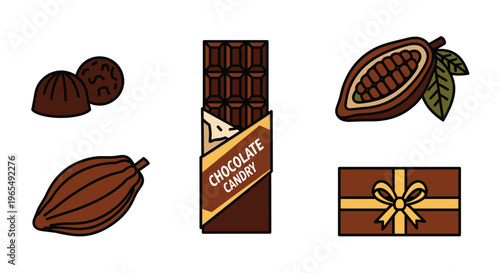 Vector illustration of chocolate candy and cocoa beans, Generative AI.