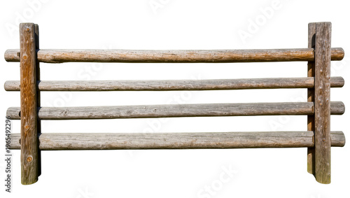 Fotografie Isolated weathered rustic wooden rail fence section made of rough logs and timbe