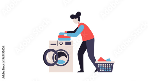 Woman Doing Laundry at Home with Washing Machine and Clothes Basket Flat Vector Illustration