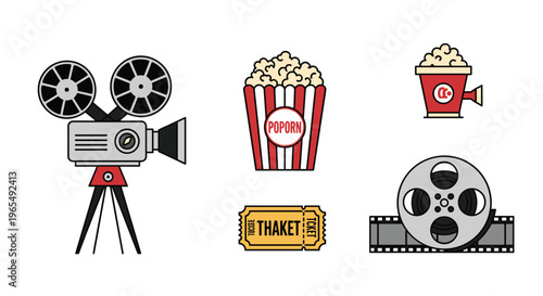 A set of colorful movie and cinema icons including a film camera popcorn bucket soda cup movie ticket and film reel, Generative AI.